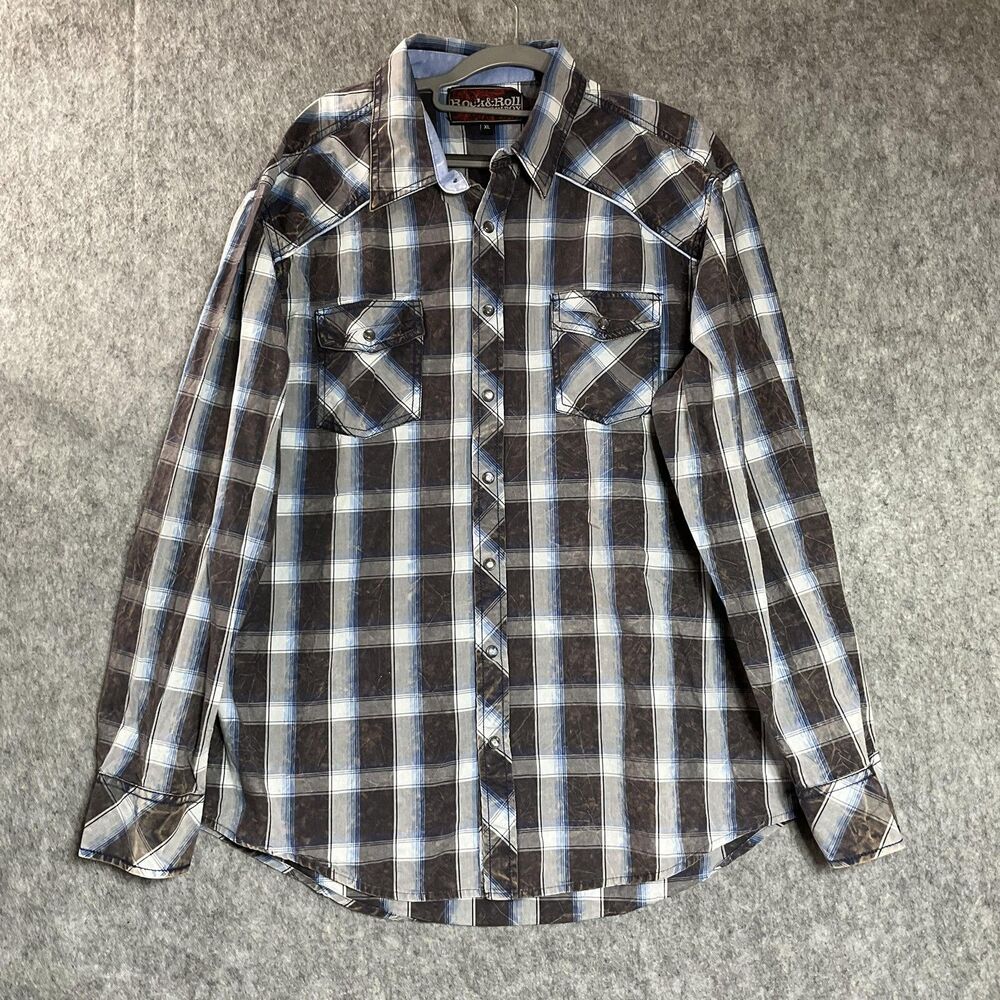 Rock & Roll Cowboy Shirt Mens XL Blue Brown Plaid Pearl Snap Western Cowboy
